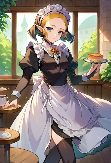 anime - style image of a woman in a maid outfit holding a tray of food