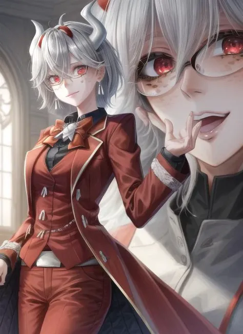 ((best quality)), ((highly detailed)), masterpiece, extremely detailed face, beautiful face, (detailed eyes, deep eyes), (1girl), (glasses), cowboy shot, <lora:hairdetailer:1>, <lora:beelzebub:.9>, beelzebub(helltaker), short hair, white hair, hair between...