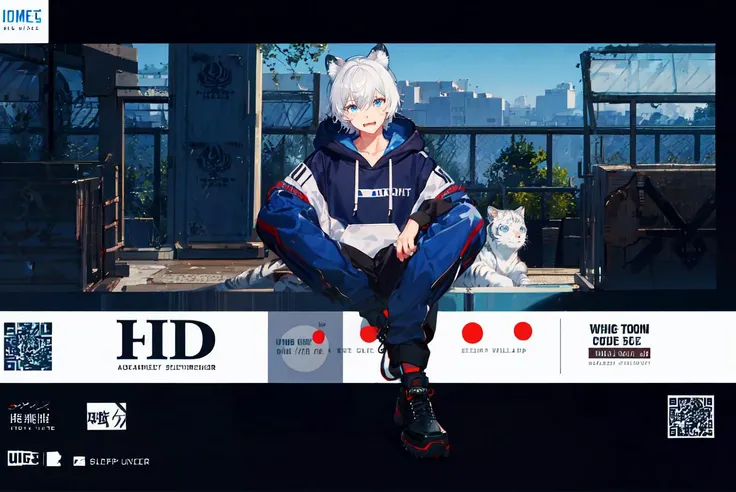 1 boy, cover, Juvenile, masterpiece, full body, ultra-detailed, Black headband on the forehead, white hair, hair strand, low ponytail, mullet, hood down, mole under eye, raised eyebrows, blue eyes, tiger ears, jitome, fang out, white hoodie, Chinese style ...