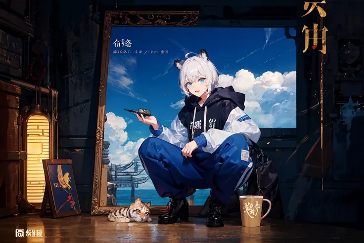 1 boy, cover, Juvenile, masterpiece, full body, ultra-detailed, Black headband on the forehead, white hair, hair strand, low ponytail, mullet, hood down, mole under eye, raised eyebrows, blue eyes, tiger ears, jitome, fang out, white hoodie, Chinese style ...