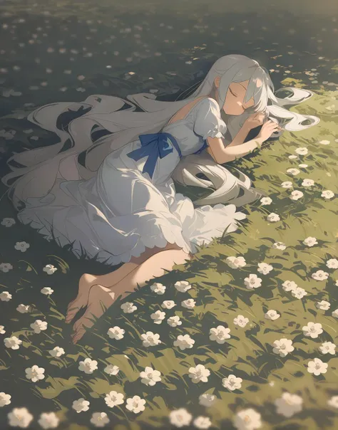 anime girl laying in a field of flowers with her head on her hands