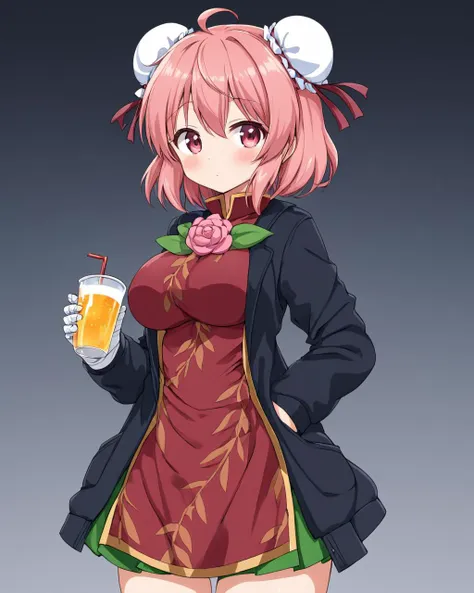 ibaraki kasen,solo, 1girl, double_bun, pink_rose, hand_in_pocket, drinking, ahoge, black_jacket, tabard, blush, looking_at_viewer, holding, bun_cover, breasts, bandages, open_jacket, simple_background, skirt, long_sleeves, cup, cowboy_shot
<lora:ibaraki_ka...