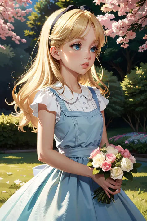 ((ultra detailed, masterpiece, best quality))
 <lora:DisneyAlice:0.9>
DisneyAlice, 1girl, solo, long hair, blonde hair, blue eyes, headband, bow, By a grand staircase in an opulent mansion, elegant gown, soft candlelight, looking upward with a hint of myst...