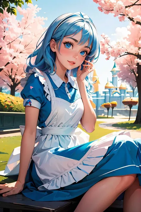 anime girl with blue hair sitting on a bench in a park