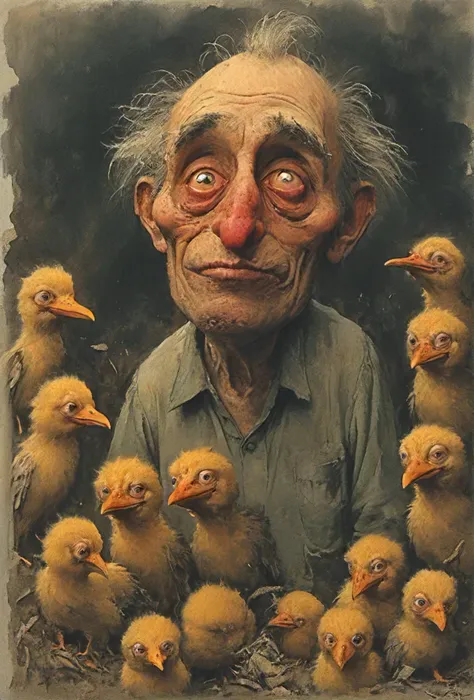 painting of a man surrounded by birds with a large nose