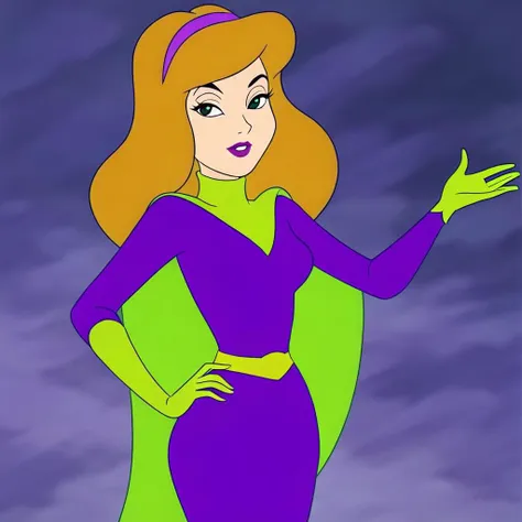 a cartoon of a woman in a purple and green dress