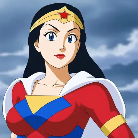 a woman in a red and blue costume standing in front of a cloudy sky