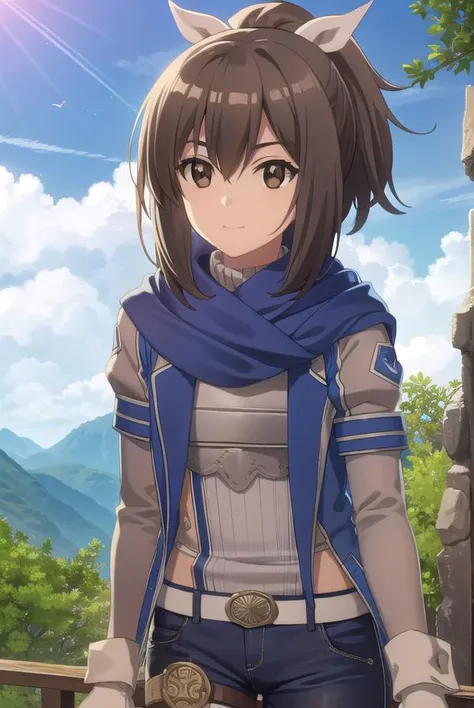 bofurisally, <lora:bofuri sally s2-lora-nochekaiser:1>, 
sally, long hair, brown hair, (brown eyes:1.5), ribbon, hair ribbon, ponytail, smile,
BREAK gloves, shorts, scarf, blue scarf, shirt, white shirt, puffy sleeves, long sleeves, belt, denim shorts,
BRE...