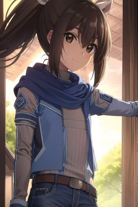 bofurisally, <lora:bofuri sally s2-lora-nochekaiser:1>, 
sally, long hair, brown hair, (brown eyes:1.5), ribbon, hair ribbon, ponytail, smile,
BREAK gloves, shorts, scarf, blue scarf, shirt, white shirt, puffy sleeves, long sleeves, belt, denim shorts,
BRE...