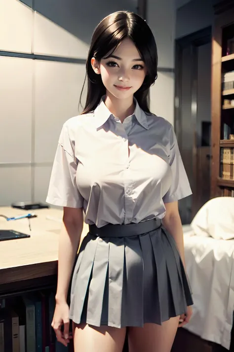 (hyper-realistic:1.3, photorealistic:1.3, realistic:1.3), Ray tracing, physically based rendering, RAW photo, best quality, hires, masterpiece, HDR, 8K resolution, rim lighting, 1girl, blush, short sleeve collared shirt, pleated checkered skirt, library, (...