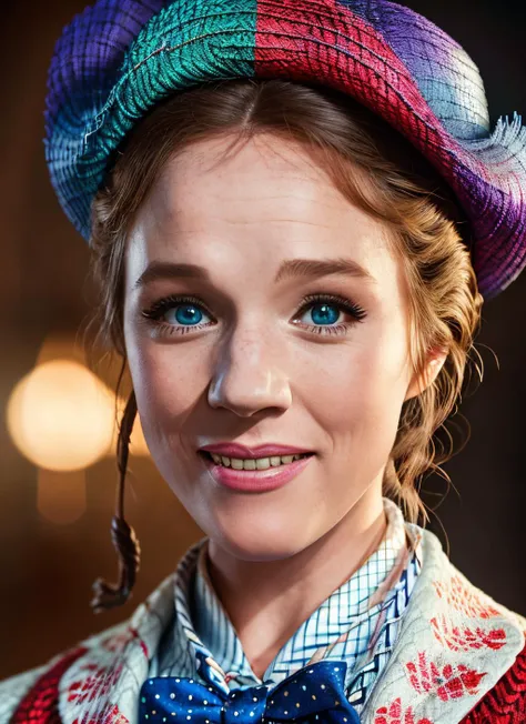 portrait of skswoman, happy , she is dressed with Mary Poppins cosplay, epic (photo, studio lighting, hard light, sony a7, 50 mm, matte skin, pores, colors, hyperdetailed, hyperrealistic), <lyco:Julie AndrewsV2:1.2>