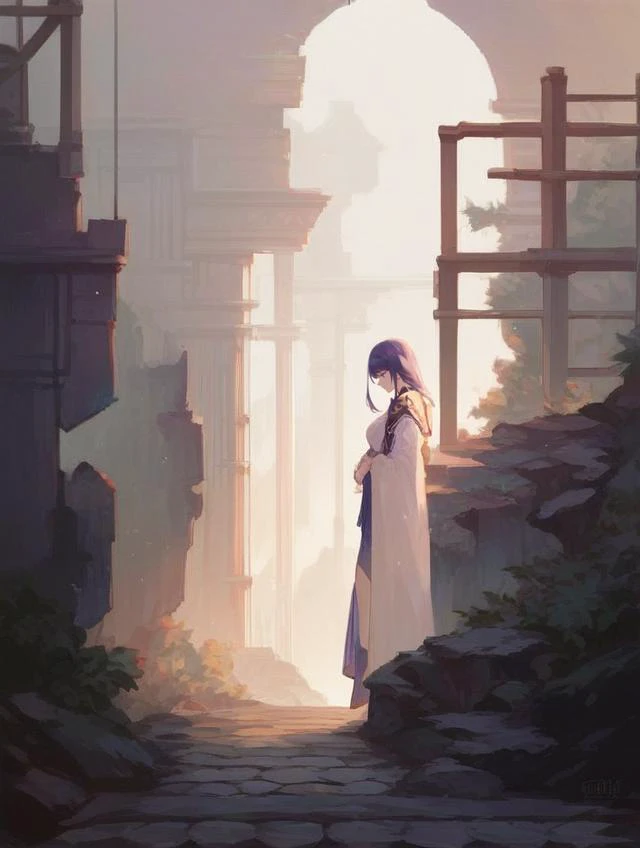 anime girl in white dress standing in doorway of ruined building