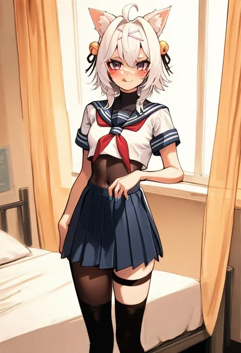 rating_safe,  <lora:Filian_for_PonyXL:1>, filian, solo, hair bell, blush, small breasts, , serafuku, indoors, hair ornament, bell, covered navel, looking at viewer, pleated skirt, white hair, school uniform, ahoge, blue miniskirt, black thighhighs, hair in...