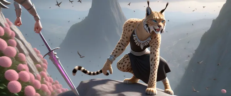 (<lora:Candy_land_2:0.3> img Candy Land style:1.3), [:(23-year-old Surreal (anthropomorphic Iberian Lynx:1.4) wearing(Layered silver necklaces with a black V-neck tee):2], [(fierce swordfight on the edge of a towering cliff with strong winds and birds circ...