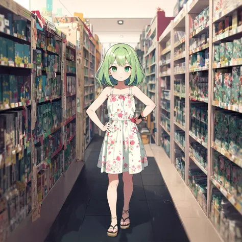 masterpiece, best quality, 1 girl, in a store, bookshelves, looking at viewer, hand on hip, adjusting hair, floral print dress, green hair, standing, sandals, full shot