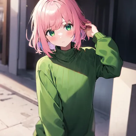 masterpiece, best quality, 1 girl, leaning forwards, outside, looking at viewer,  adjusting hair, green sweater, pink hair, medium shot