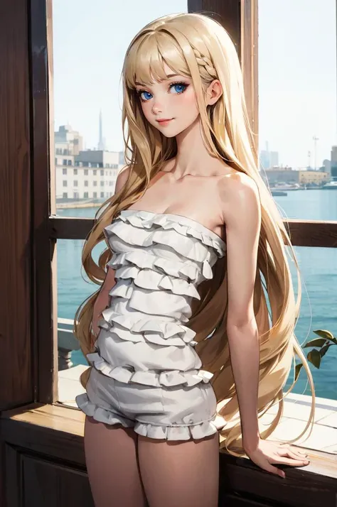 <lora:rom_1:0.7> rom_1, strapless white ruffled romper,, absurdres, ultra detailed, masterpiece, best quality, aesthetic, detailed,, solo, soft smile, light smile,
katya1, 1girl, blue eyes, very long hair, blonde hair, long blonde hair, french braid, bangs...