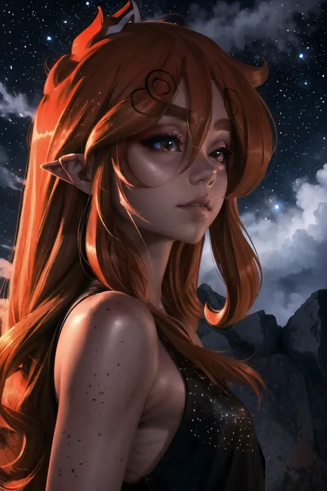 a woman with long red hair and a black dress is staring at the sky