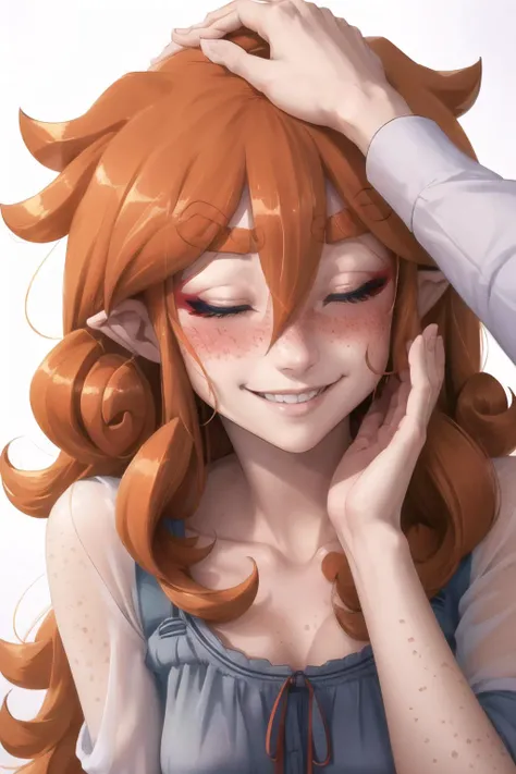 Highly detailed, High Quality, Masterpiece, beautiful, 1girl, solo,, wonhan, freckles, very long hair, <lora:Char_Nisego_Wonhan:0.9>, HeadpatPOV, headpat, pov, <lora:Pos_HeadpatPOV:1>, closed eyes, blush, smile,