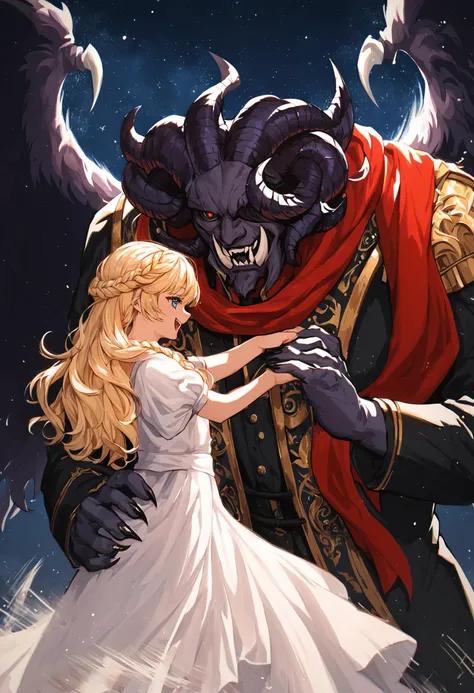 a woman in a white dress standing next to a demon