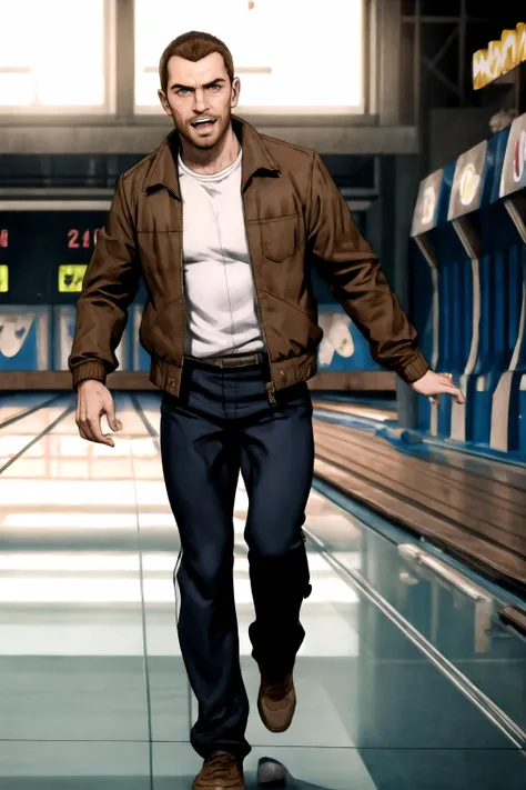 masterpiece, best quality, <lora:Niko_Bellic_GTA4-KK77-V1:0.7>, 1boy, mature male, buzz cut, stubble, brown jacket, white shirt, blue legwear, track pants, light smile, open mouth, walking, double thumbs up, solo focus, bowling alley, scoreboard, dark