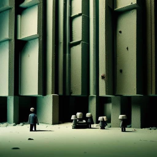 little people miniature explorers made out of plastic exploring a concrete brutalist library with tall shelves of books at night time, grainy, painting, masterpiece, scary, shadows, (dark surreal), ((tree branches poking through windows)), artstation, scie...