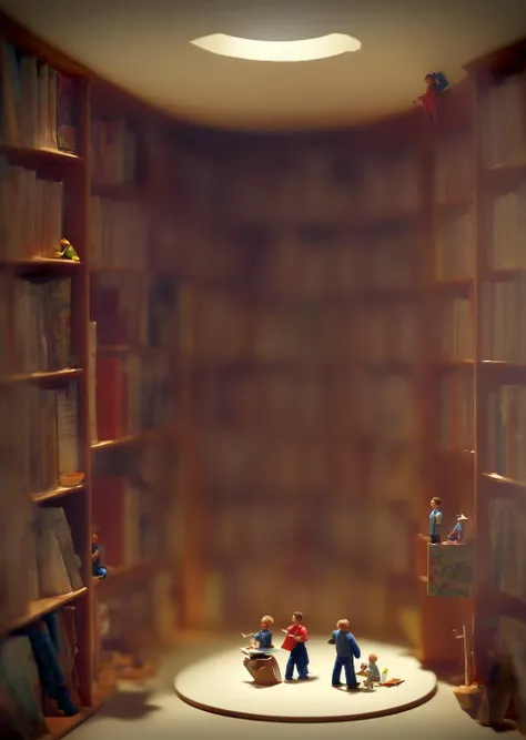 little people miniature explorers made out of plastic exploring an endless spiral library with tall shelves of books at night time, nighttime, painting, masterpiece, nc Wyeth, scary, shadows, (dark surreal), ((tree branches poking through a skylight)), sci...