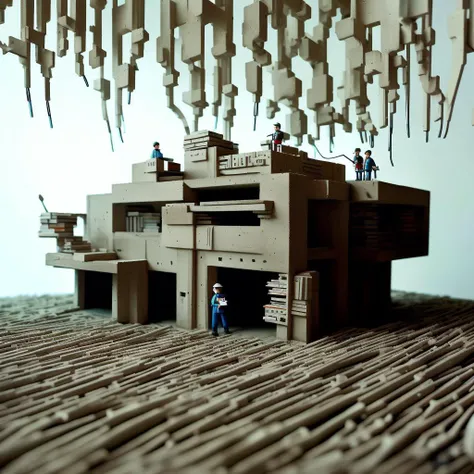 little bureaucratic miniature explorers made out of plastic exploring a concrete brutalist library with tall concrete shelves of books at night time, grainy, painting, masterpiece, scary, shadows, highly detailed environmental textures, (dark surreal), ((g...