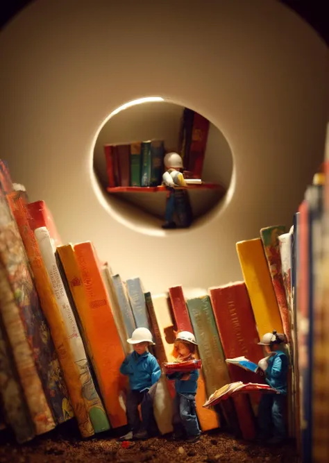 little people miniature explorers made out of plastic exploring an endless spiral library with tall shelves of books at night time, nighttime, painting, masterpiece, nc Wyeth, scary, shadows, (dark surreal), ((tree branches poking through a skylight)), sci...