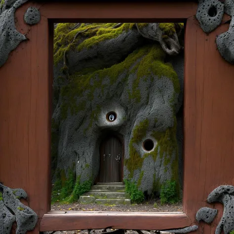 highly detailed photograph of a dark fantasy landscape, wooden door in the shape of a keyhole in the side of a rock face with gnarled tree roots twisting around it, a gazing eye starring from the hillside above a doorway, a leaning tree at the top of a hil...