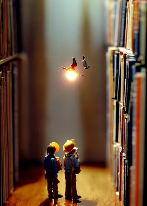 little people miniature explorers made out of plastic exploring an endless spiral library with tall shelves of books at night time, nighttime, painting, masterpiece, nc Wyeth, scary, shadows, (dark surreal), ((tree branches poking through a skylight)), sci...