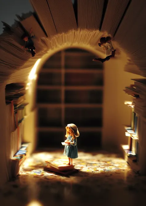 little people miniature explorers made out of plastic exploring an endless spiral library with tall shelves of books at night time, nighttime, painting, masterpiece, nc Wyeth, scary, shadows, (dark surreal), ((tree branches poking through a skylight)), sci...