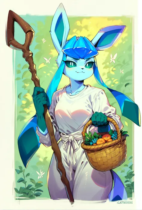 score_9,score_8_up,score_7_up,score_6_up,score_5_up,score_4_up staff, catacombs, holding basket, confident, Anthro Glaceon, <lora:ka_style_xl_v2:0.8>