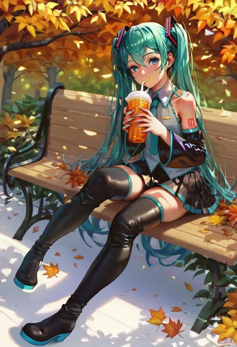 score_9, score_8_up, score_7_up,  a girl is sitted on a park bench drinking a juice, hatsune miku, looking at viewer, black thighhighs, black detached sleeves, black skirt, thigh boots, autumn, 
 <lora:ra_xl_v2:.8>