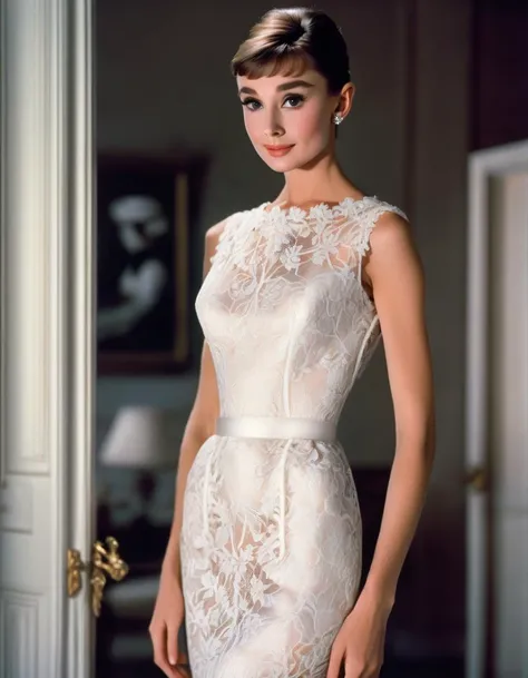 (masterpiece, best quality, hyper realistic, raw photo, ultra detailed, extremely detailed, intricately detailed), (photorealistic:1.4), (photography of Audrey Hepburn wearing a fashionable Lace overlay sheath dress, designed by Hubert de Givenchy), (smile...