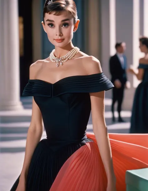 (masterpiece, best quality, hyper realistic, raw photo, ultra detailed, extremely detailed, intricately detailed), (photorealistic:1.4), (photography of Audrey Hepburn wearing a fashionable Off-the-shoulder pleated maxi dress, designed by Hubert de Givench...