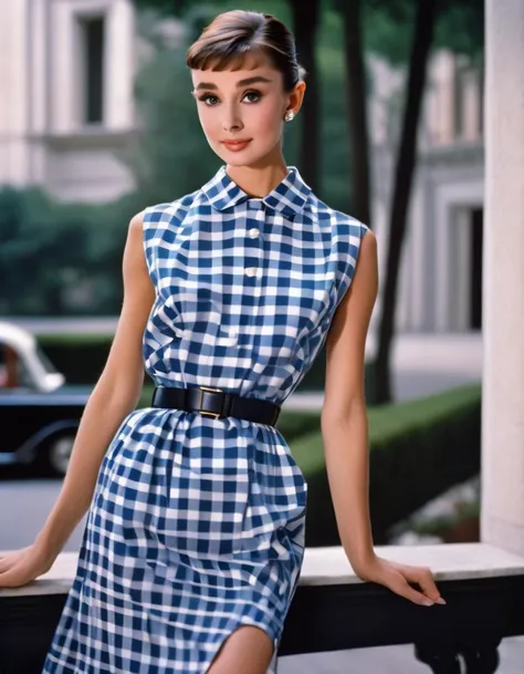 (masterpiece, best quality, hyper realistic, raw photo, ultra detailed, extremely detailed, intricately detailed), (photorealistic:1.4), (photography of Audrey Hepburn wearing a fashionable Gingham checkered shirtdress with belt, designed by Hubert de Give...