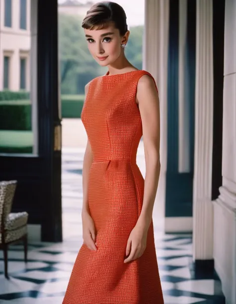 (masterpiece, best quality, hyper realistic, raw photo, ultra detailed, extremely detailed, intricately detailed), (photorealistic:1.4), (photography of Audrey Hepburn wearing a fashionable Geometric print dress, designed by Hubert de Givenchy), (smile), f...