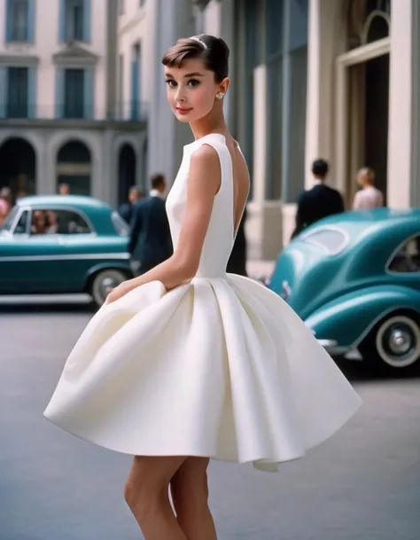 (masterpiece, best quality, hyper realistic, raw photo, ultra detailed, extremely detailed, intricately detailed), (photorealistic:1.4), (photography of Audrey Hepburn wearing a fashionable High-low hemline dress, designed by Hubert de Givenchy), (smile), ...