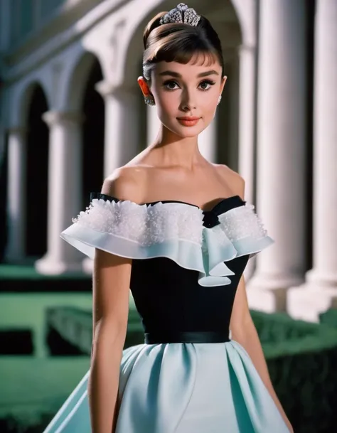 (masterpiece, best quality, hyper realistic, raw photo, ultra detailed, extremely detailed, intricately detailed), (photorealistic:1.4), (photography of Audrey Hepburn wearing a fashionable Off-the-shoulder ruffle hem maxi dress, designed by Hubert de Give...