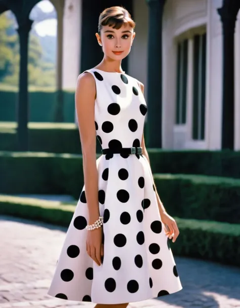 (masterpiece, best quality, hyper realistic, raw photo, ultra detailed, extremely detailed, intricately detailed), (photorealistic:1.4), (photography of Audrey Hepburn wearing a fashionable Polka dot fit and flare midi dress, designed by Hubert de Givenchy...