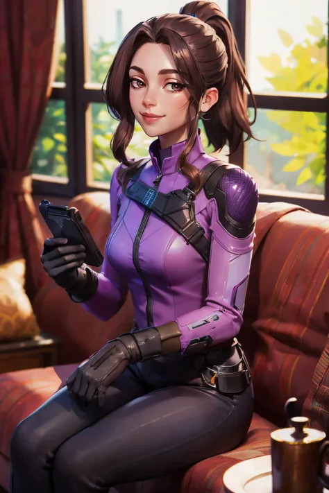 a woman in a purple top sitting on a couch holding a cell phone