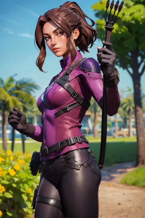 a woman in a purple outfit holding a bow and arrow