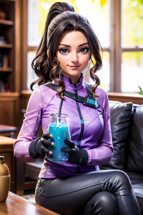 a woman in a purple shirt and black pants holding a blue drink