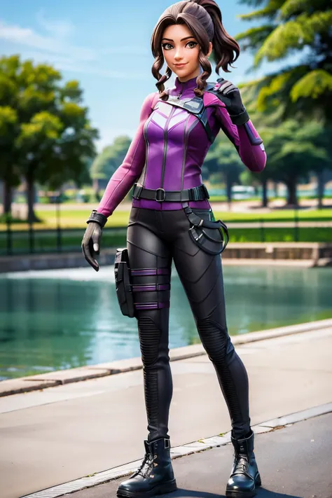 a woman in a purple outfit and black gloves posing for a picture