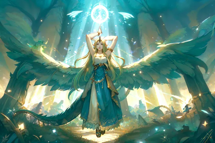 a woman with wings and a halo above her head