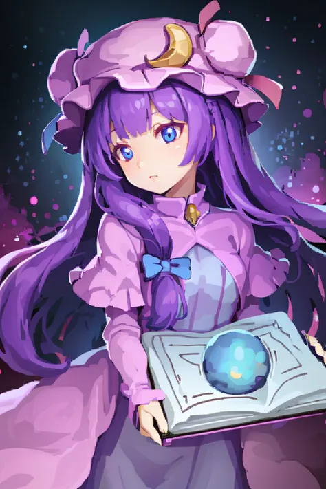 holding a purple book, <lora:FantasyIcons_Books:0.8>,  glowing, star symbol, space, stars, planets, cosmos, nebula,
1girl,purple hair,purle eyes,long hair, mob cap,crescent hat ornament, ribbon,dress, <lora:patchouli:0.9>,