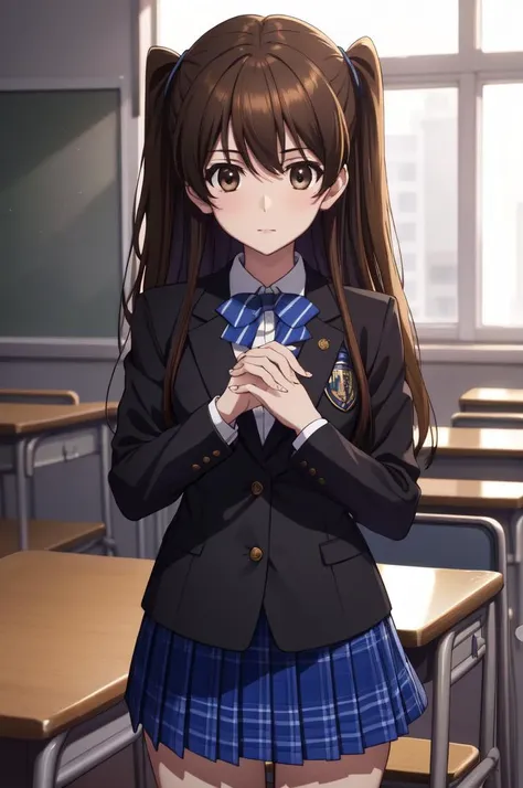 anime girl in school uniform standing in front of desks