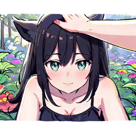 anime girl with black hair and green eyes laying in a field of flowers