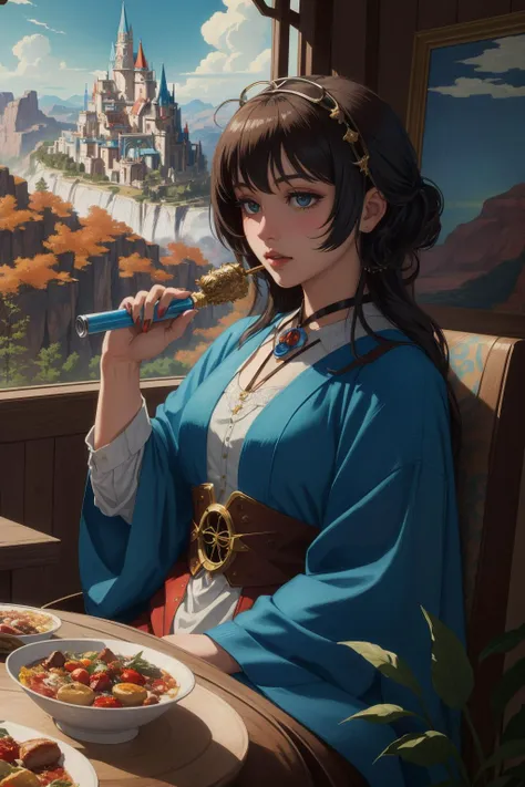 anime girl eating a meal in a restaurant with a view of a castle